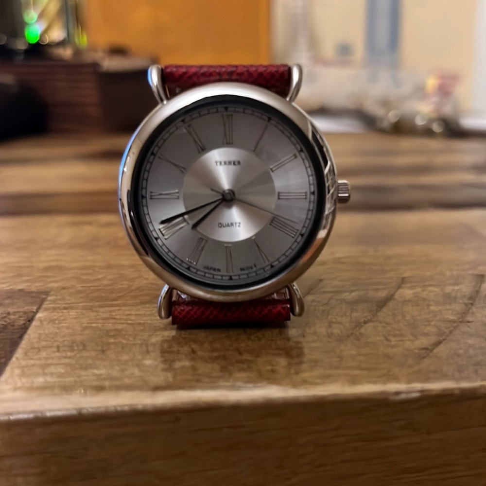 Terner Watch Red Leather Band Stainless Steel
